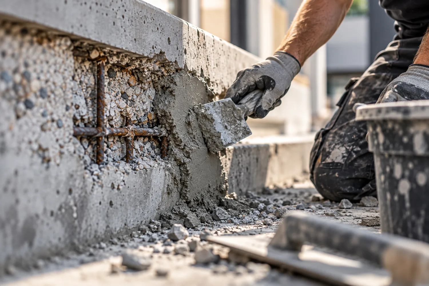 Vakman bezig met betonherstel